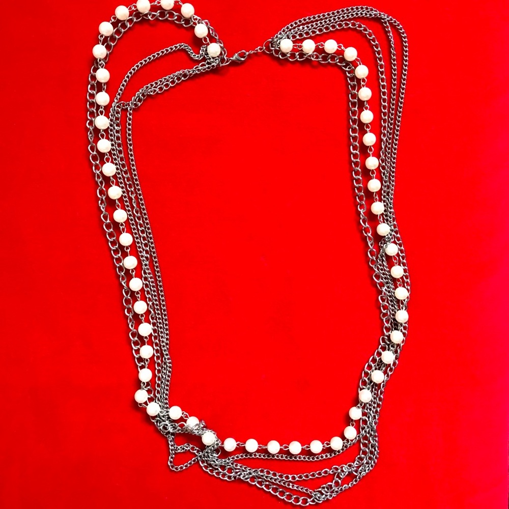 Cuban Link Convertible Layered Row Drape Curb Pave Pearl Silver Chain Necklace - Picture 6 of 6